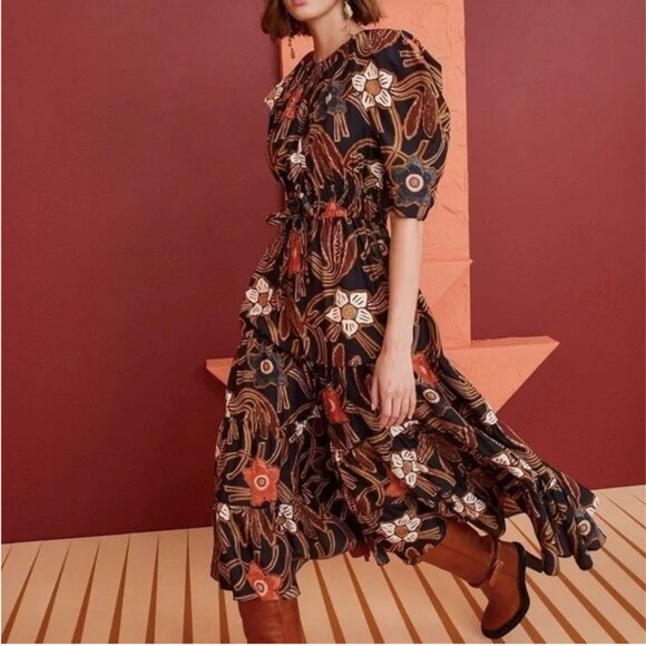 Ulla Johnson 100% Silk Floral Printed Puff Sleeves Fit & Flare Midi Dress - Picture 2 of 7